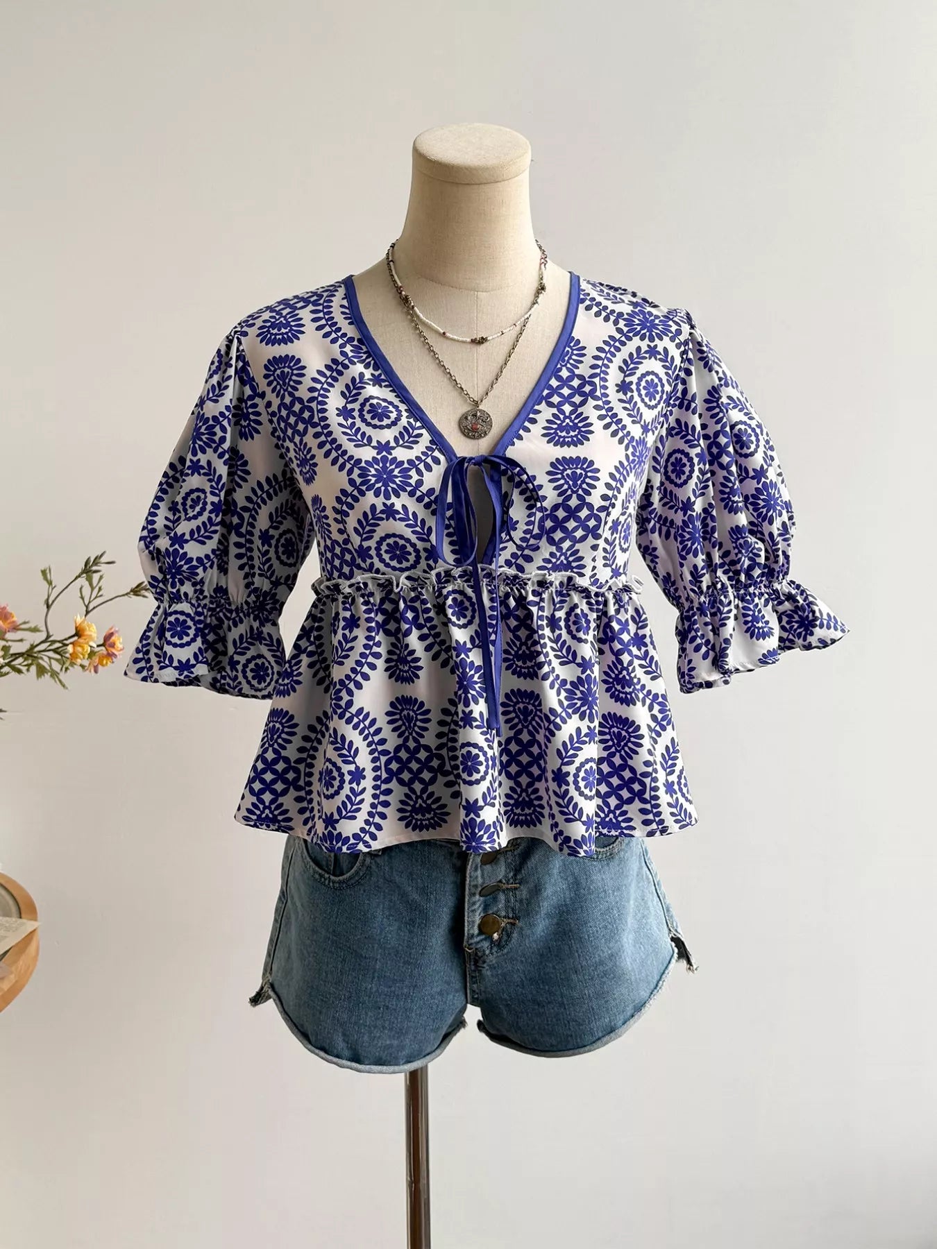 Navy Floral Tie Front Blouse - Be Bliss Boutique