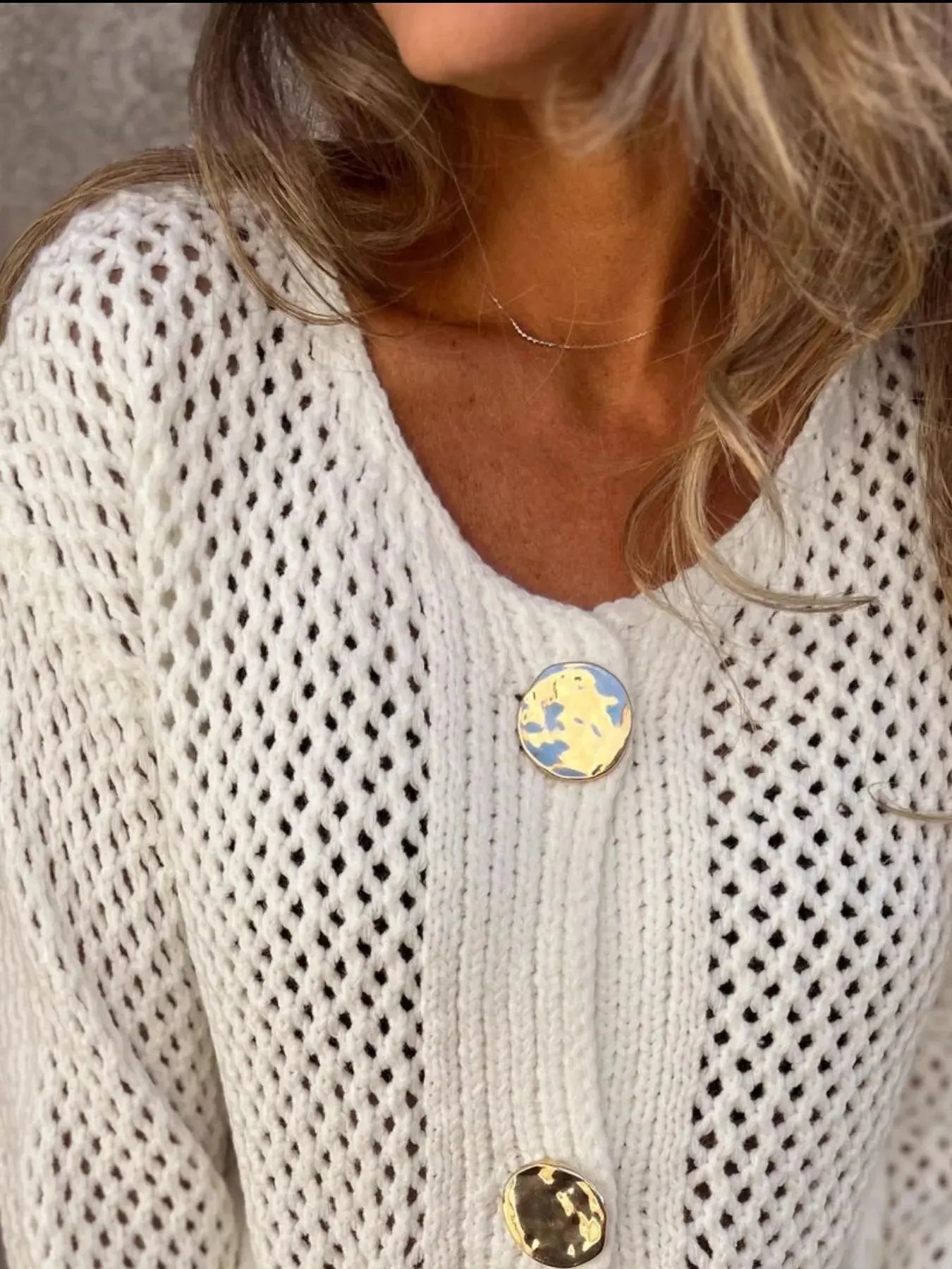 Crochet Button Up Long Sleeve Cardigan - Be Bliss Boutique