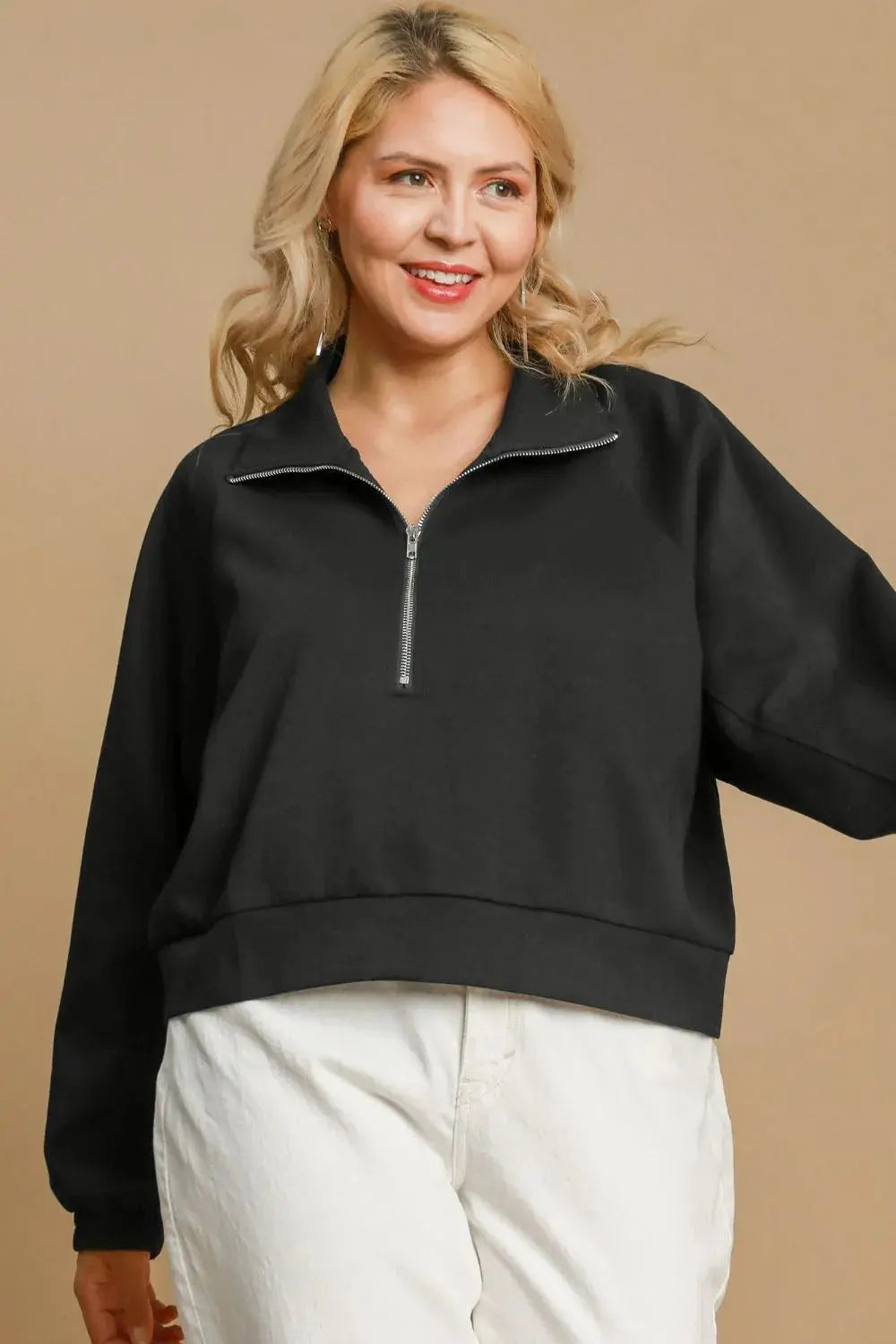 Umgee Full/Plus Size Half Zip Cropped Sweatshirt - Be Bliss Boutique