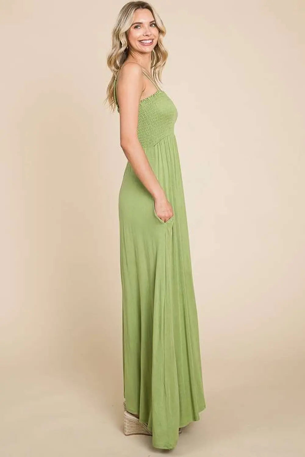 Culture Code Full Size Olive Smocked Cami Maxi Dress with Pockets - Be Bliss Boutique
