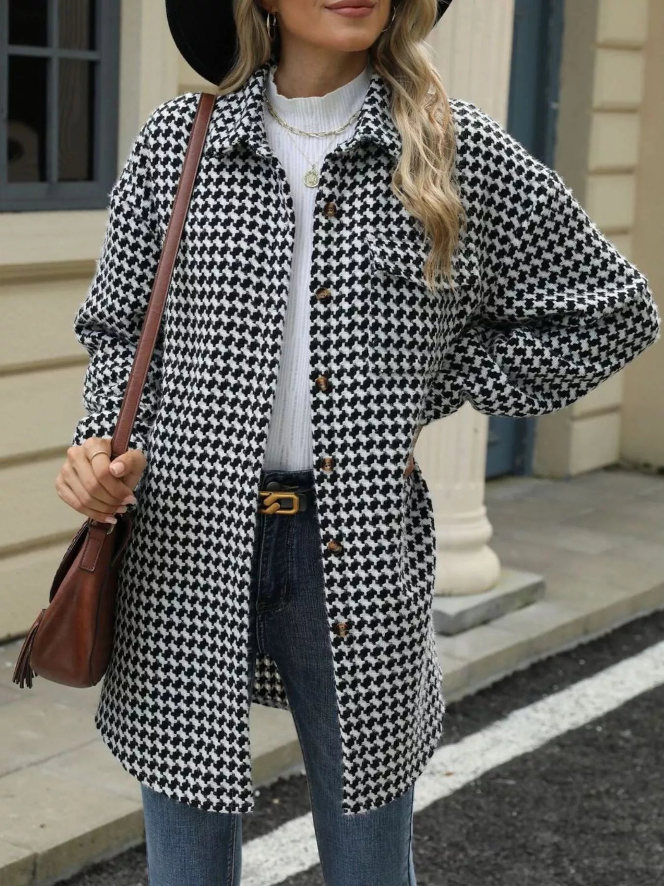 Houndstooth Button Up Long Sleeve Coat - Be Bliss Boutique