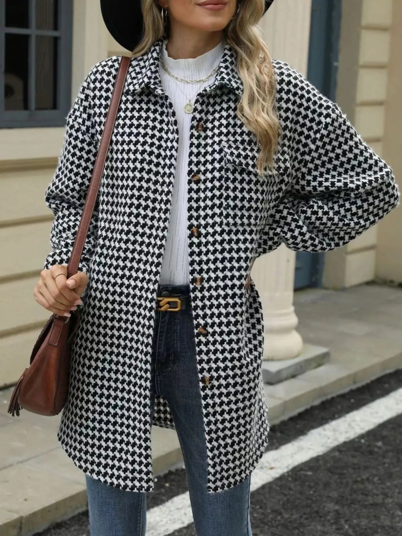 Houndstooth Button Up Long Sleeve Coat - Be Bliss Boutique