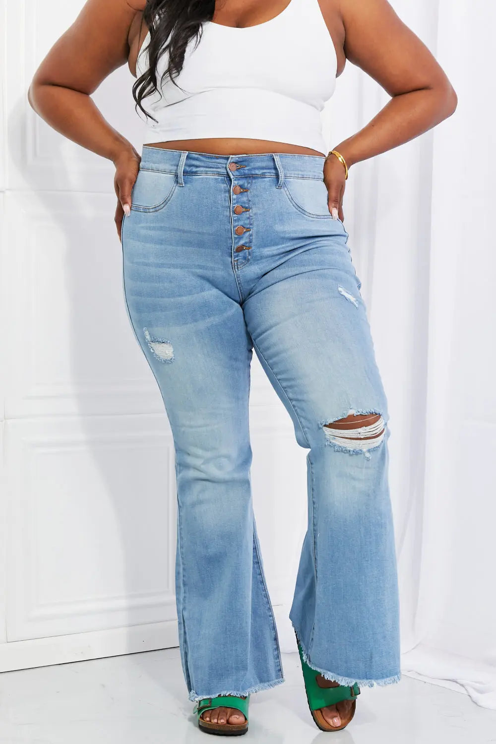 Vibrant MIU Full Size Jess Button Flare Jeans - Be Bliss Boutique