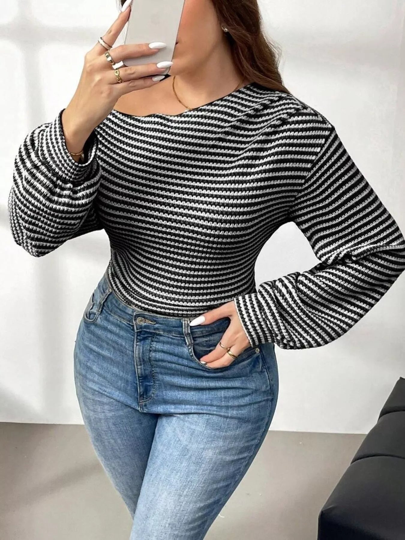 Striped One-Shoulder Plus Size Long Sleeve T Shirt - Be Bliss Boutique
