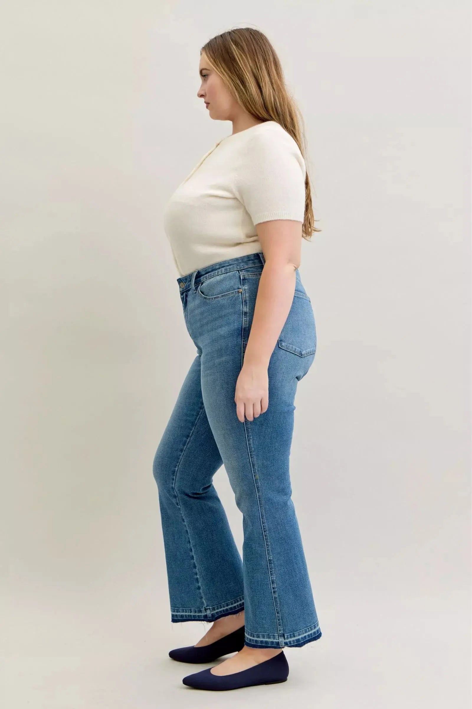 Judy Blue Jeans - Full Size Mid Rise Slim Bootcut Tummy Control Release Hem Jeans - Be Bliss Boutique