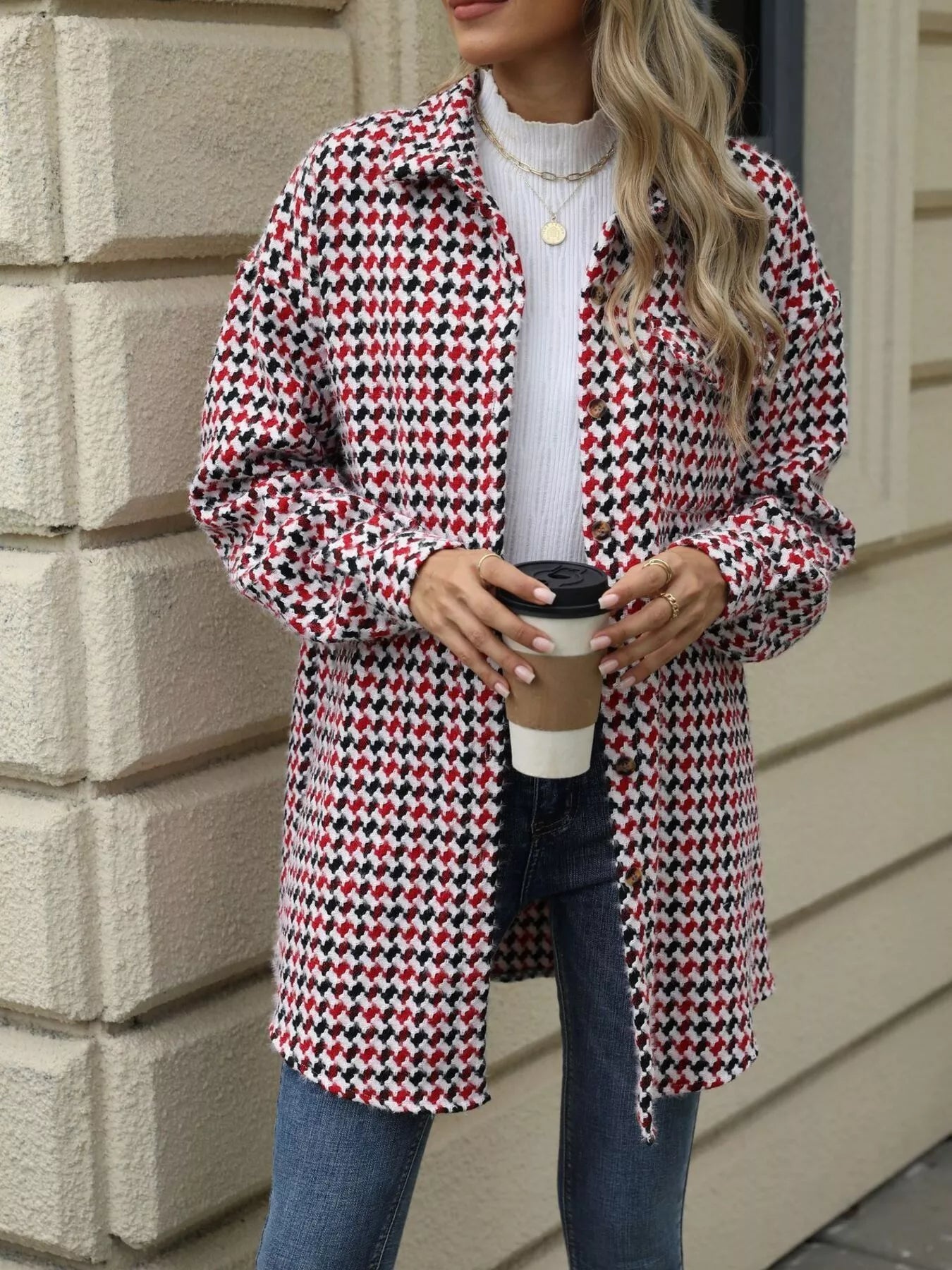 Houndstooth Button Up Long Sleeve Coat - Be Bliss Boutique