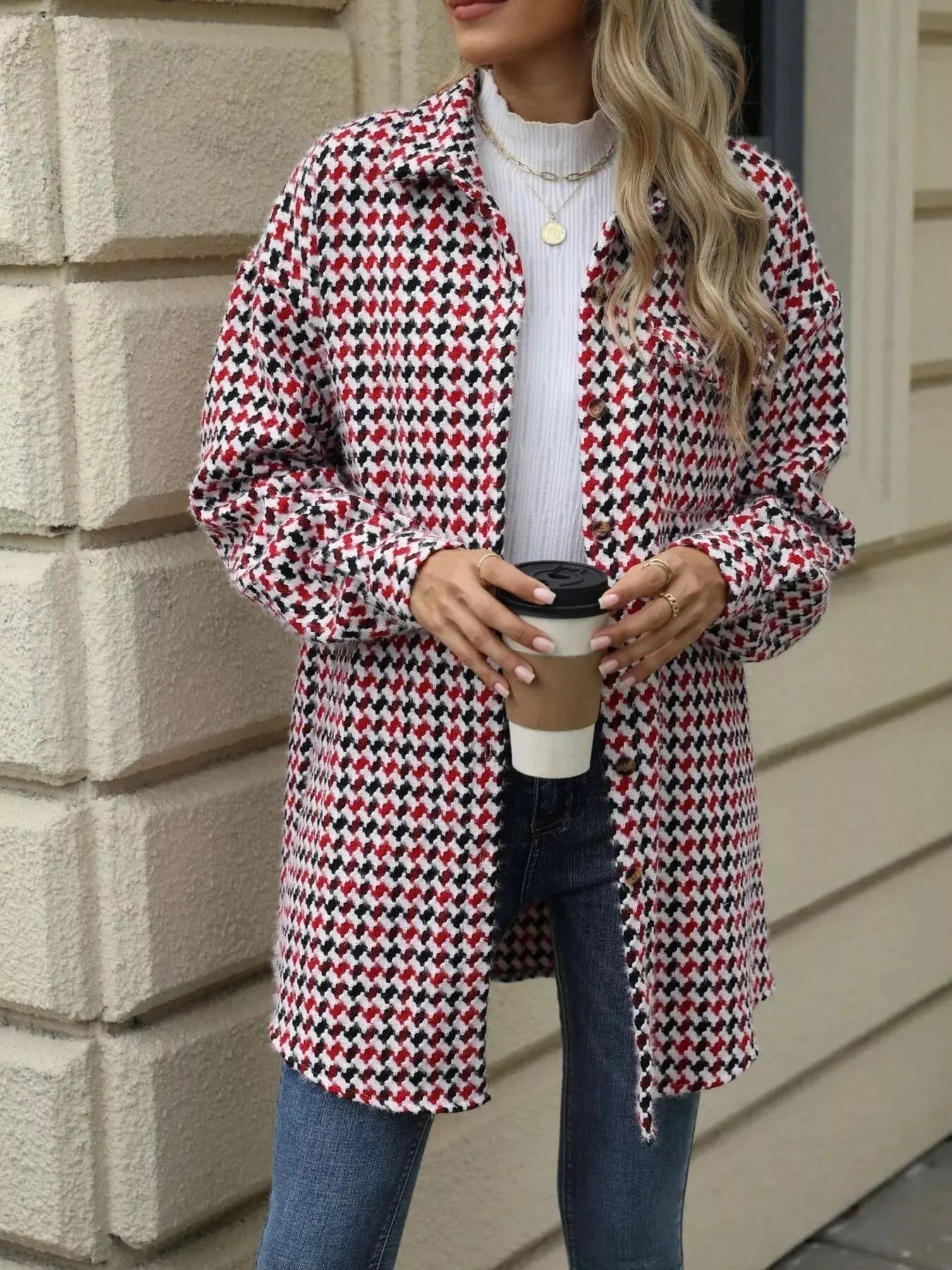 Houndstooth Button Up Long Sleeve Coat - Be Bliss Boutique