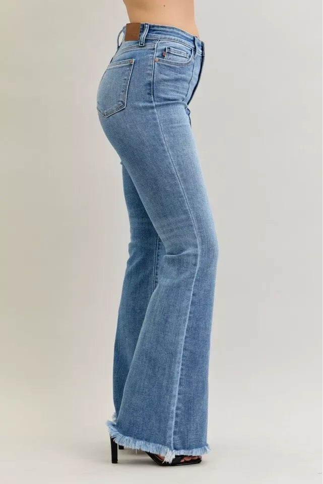 Judy Blue Jeans - High Waist Flare Fray Hem Jeans with Front Pintuck Detail - Be Bliss Boutique
