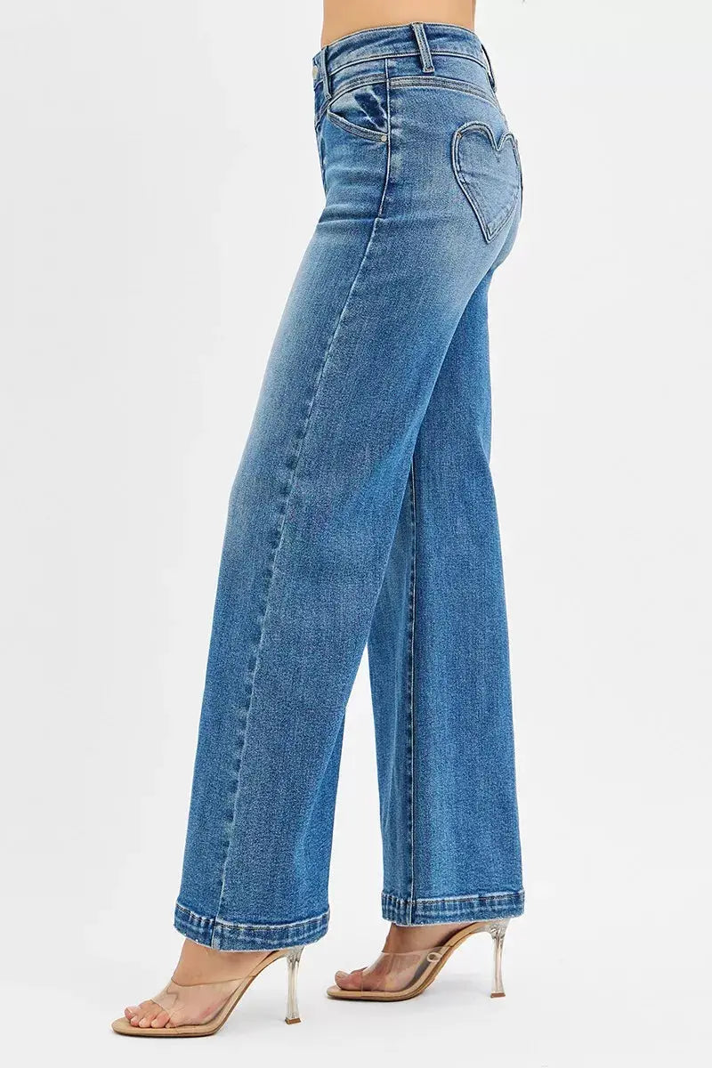 RISEN Jeans - High Rise Wide Leg Jeans with Front Yoke and Heart Back Pocket - Be Bliss Boutique