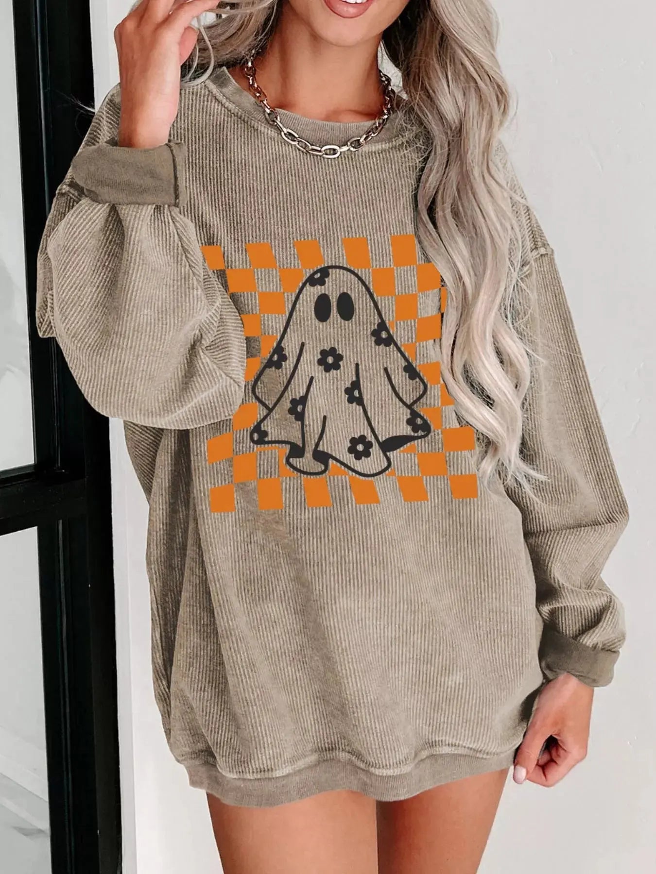Ribbed Checkerboard Floral Ghost Halloween Graphic Sweatshirt - Be Bliss Boutique