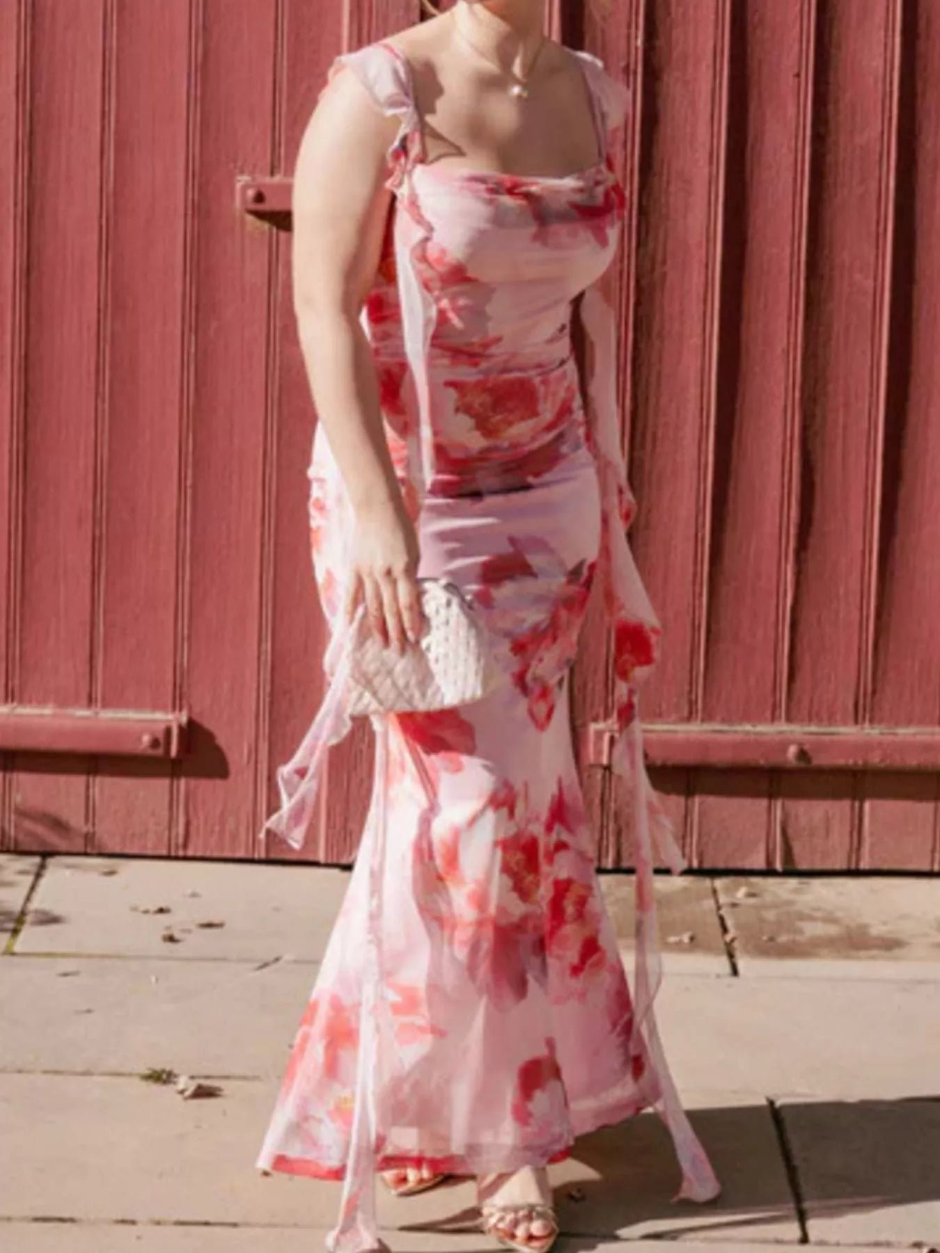 Floral Print Ruffle Trim Bodycon Maxi Dress - Be Bliss Boutique