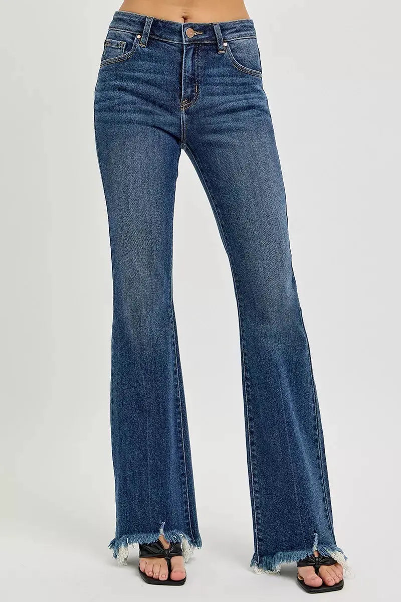 RISEN Jeans - Full Size Mid Rise Flare Frayed Hem Jeans - Be Bliss Boutique