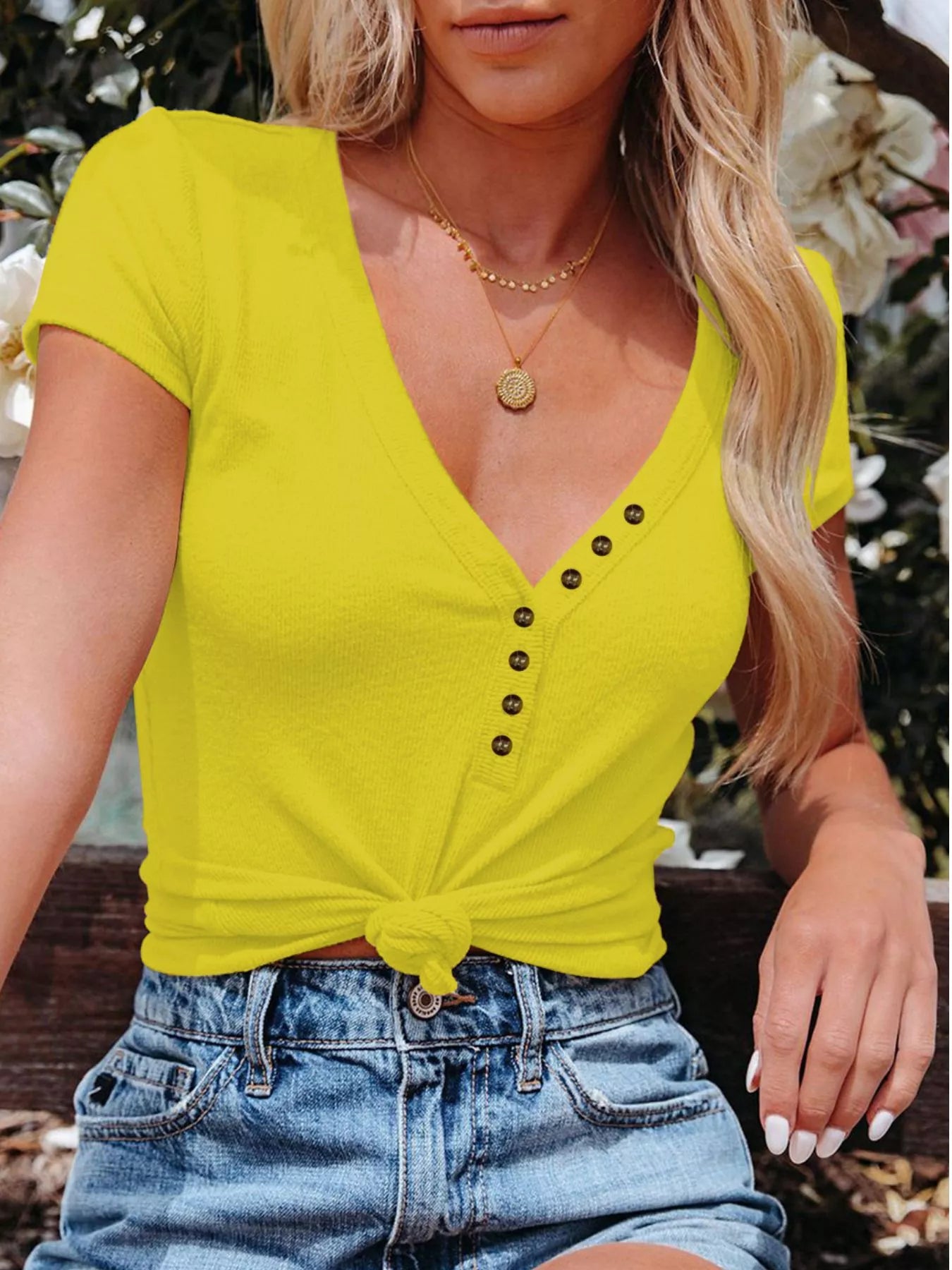 Full Size Casual Button Detail Womens V Neck T Shirt - Be Bliss Boutique