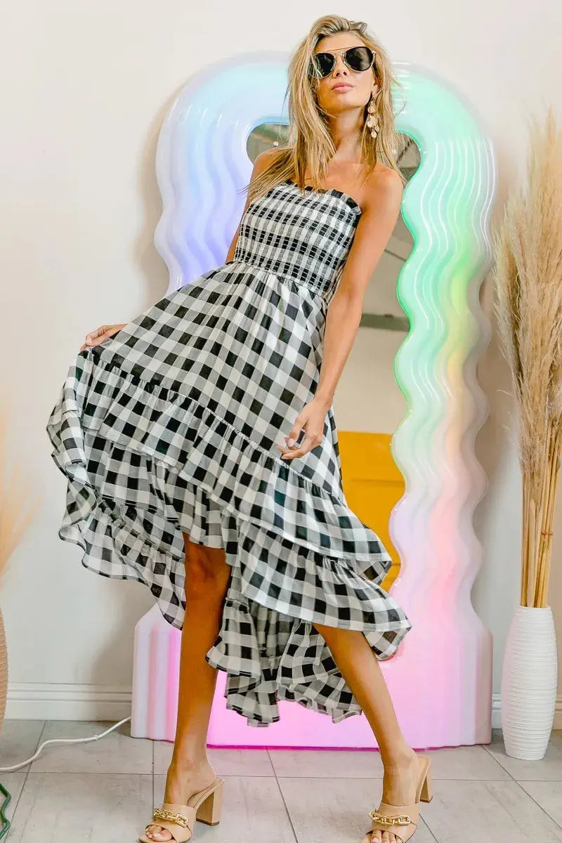 BiBi Smocked Body Off Shoulder Check Dress (Black) - Be Bliss Boutique