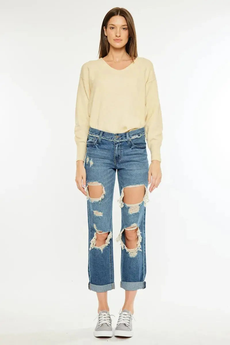 Distressed Mid Rise True Kancan Boyfriend Jeans - Be Bliss Boutique