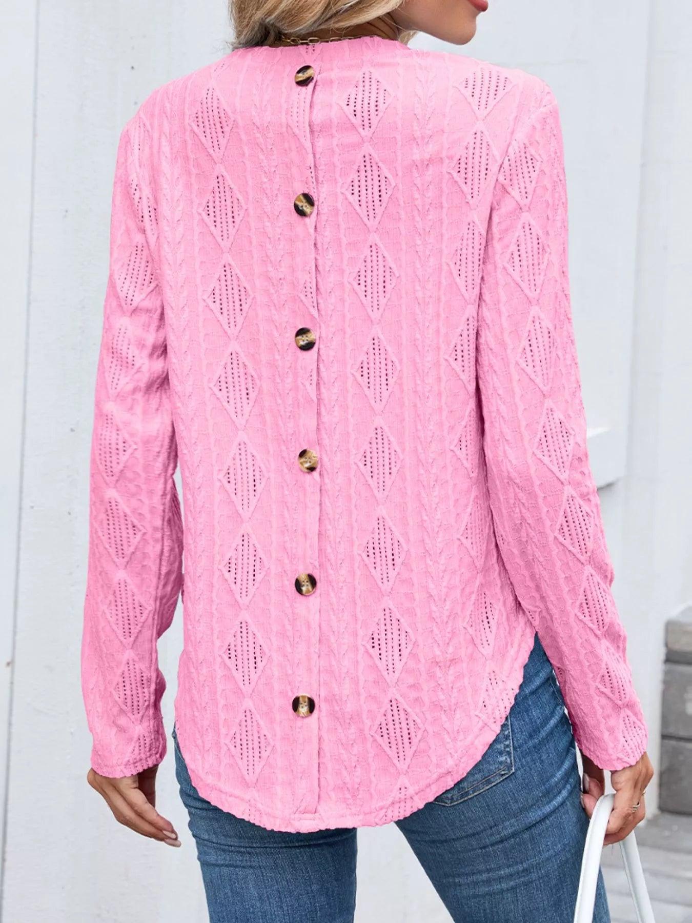 Openwork Textured Long Sleeve Top - Be Bliss Boutique