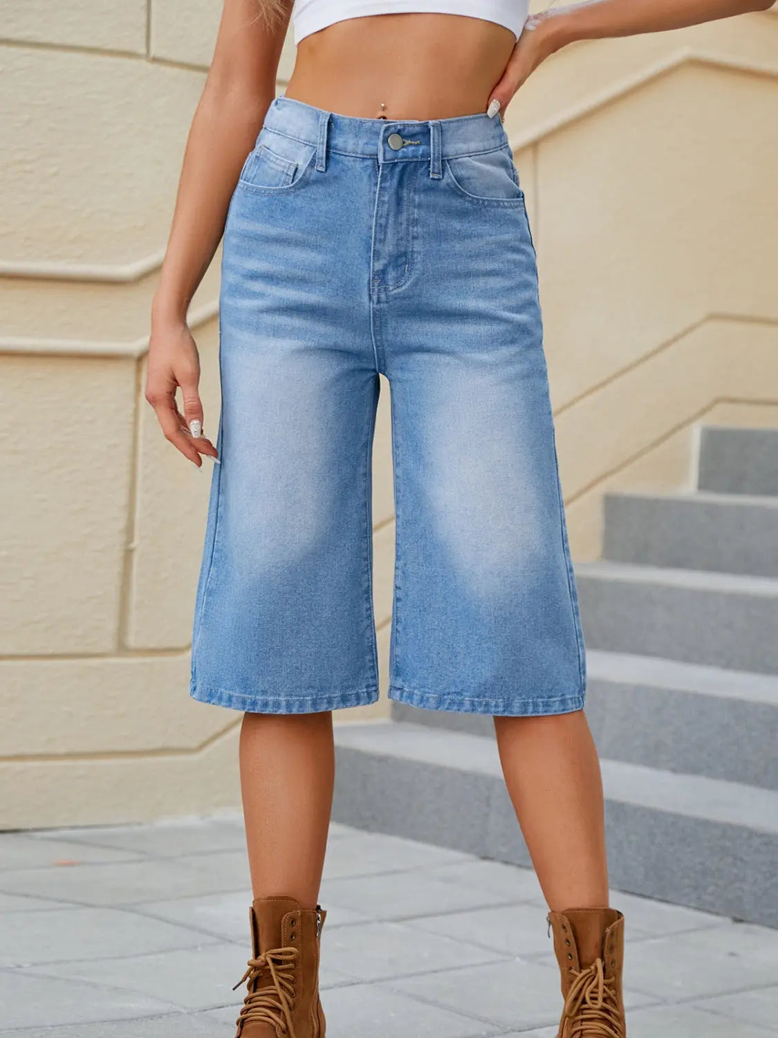 High Waist Denim Shorts with Pockets - Be Bliss Boutique