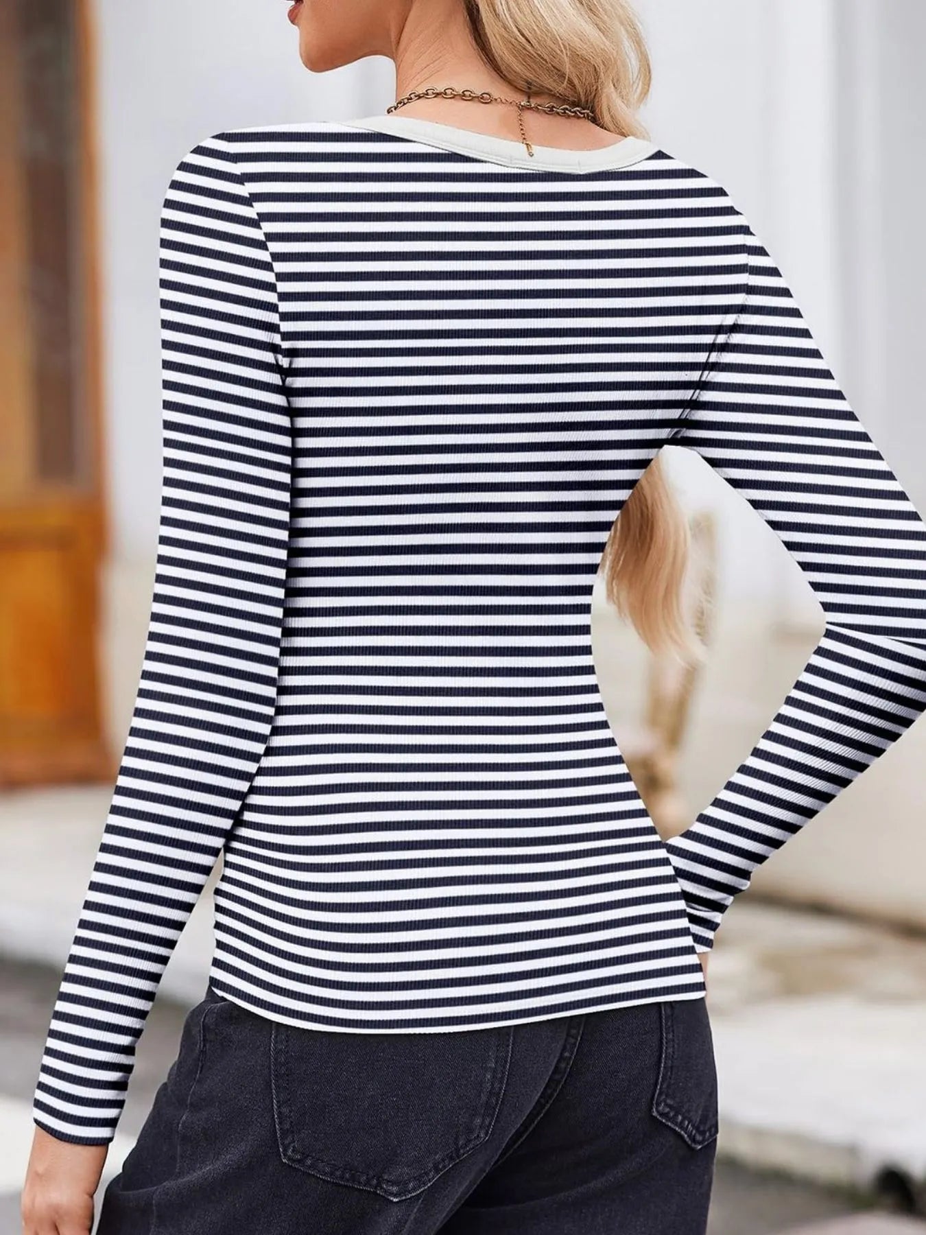 Striped Long Sleeve Scoop Neck T-Shirt - Be Bliss Boutique