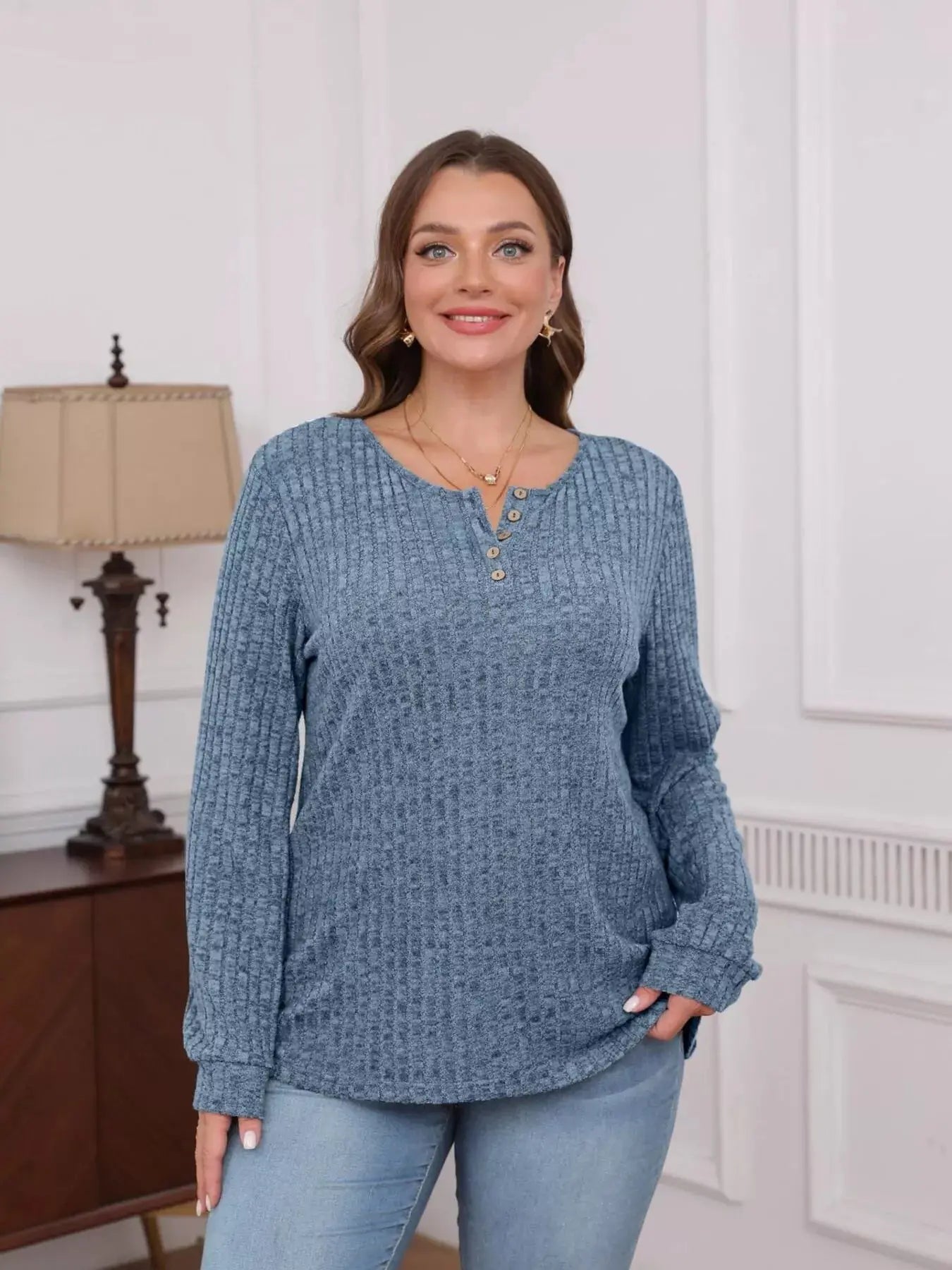 Ribbed Knit Button Front Long Sleeve T Shirt - Be Bliss Boutique