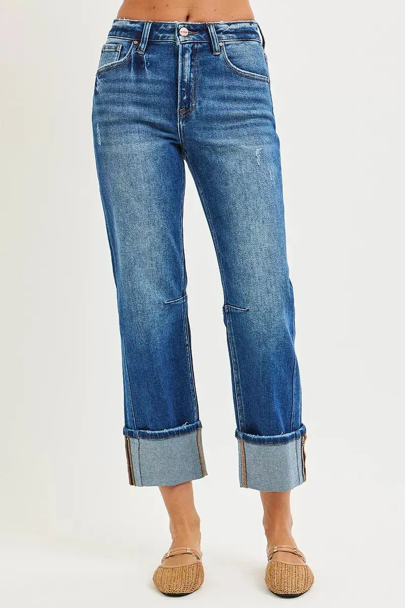 RISEN Jeans - High Rise Straight Jeans with Distressed Hem - Be Bliss Boutique