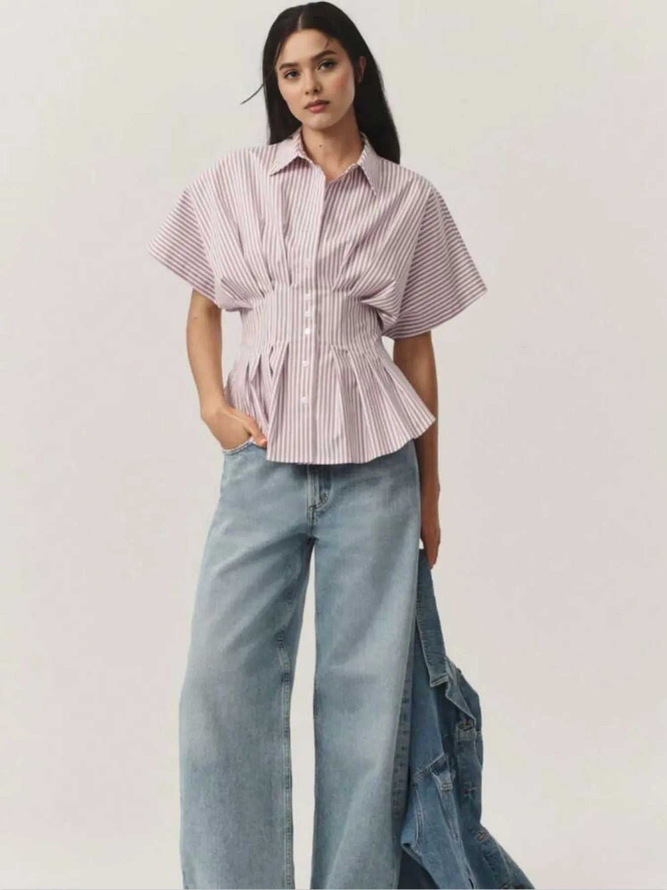 Pinstripe Puff Sleeve Cinched Waist Button Up Shirt - Be Bliss Boutique