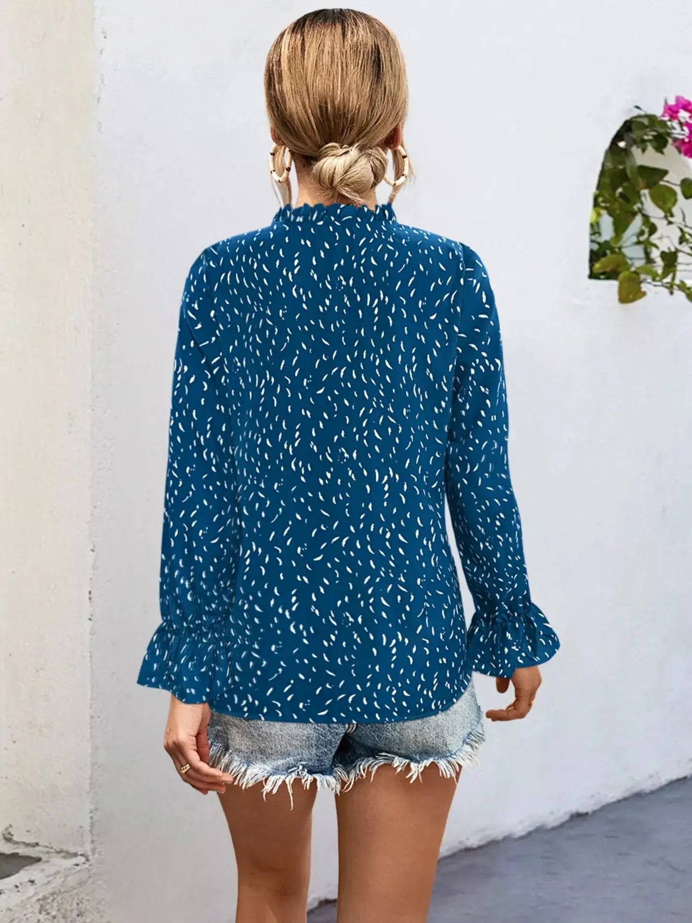 Ruffled Printed Tie Neck Long Sleeve Blouse - Be Bliss Boutique