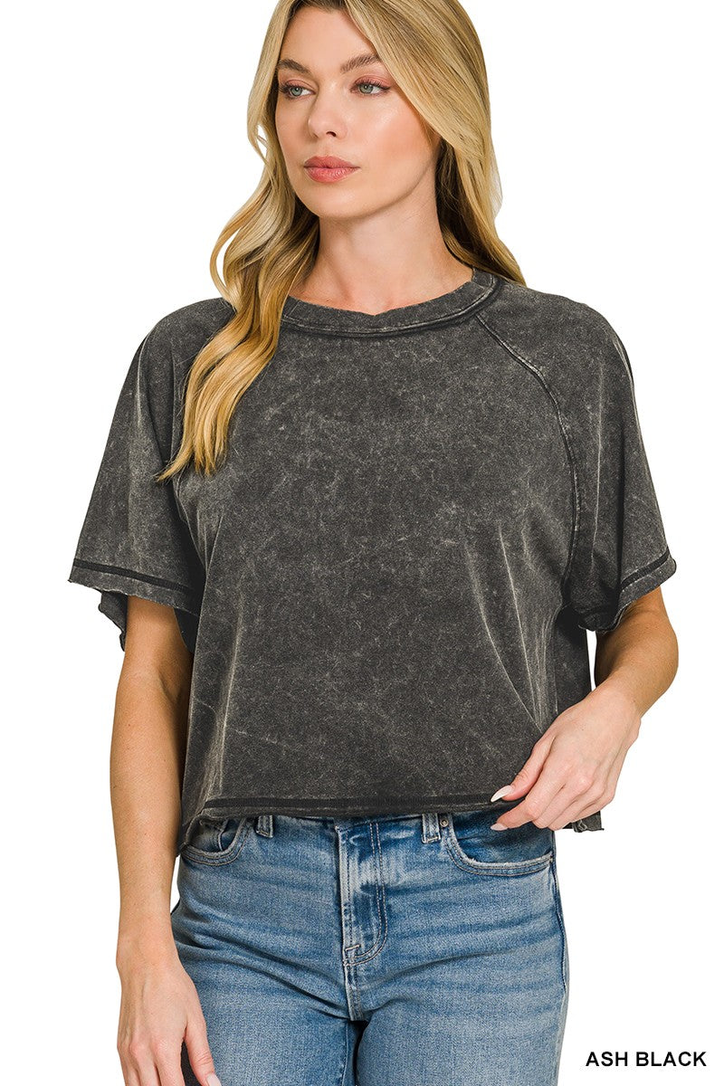 Zenana Acid Washed Crop Round Neck Shirt - Be Bliss Boutique