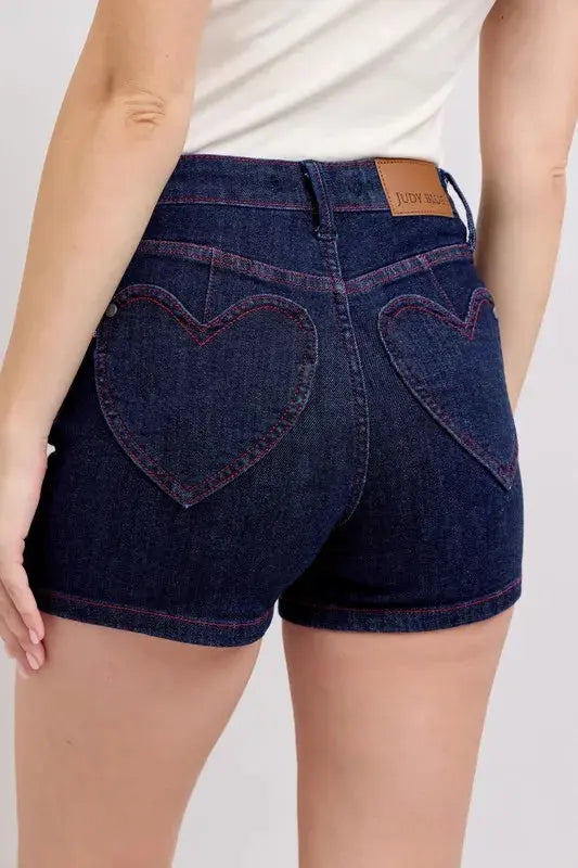 Judy Blue Jeans - Plus Size High Waist Heart Shaped Pockets Denim Shorts with Red Contrast Thread - Be Bliss Boutique