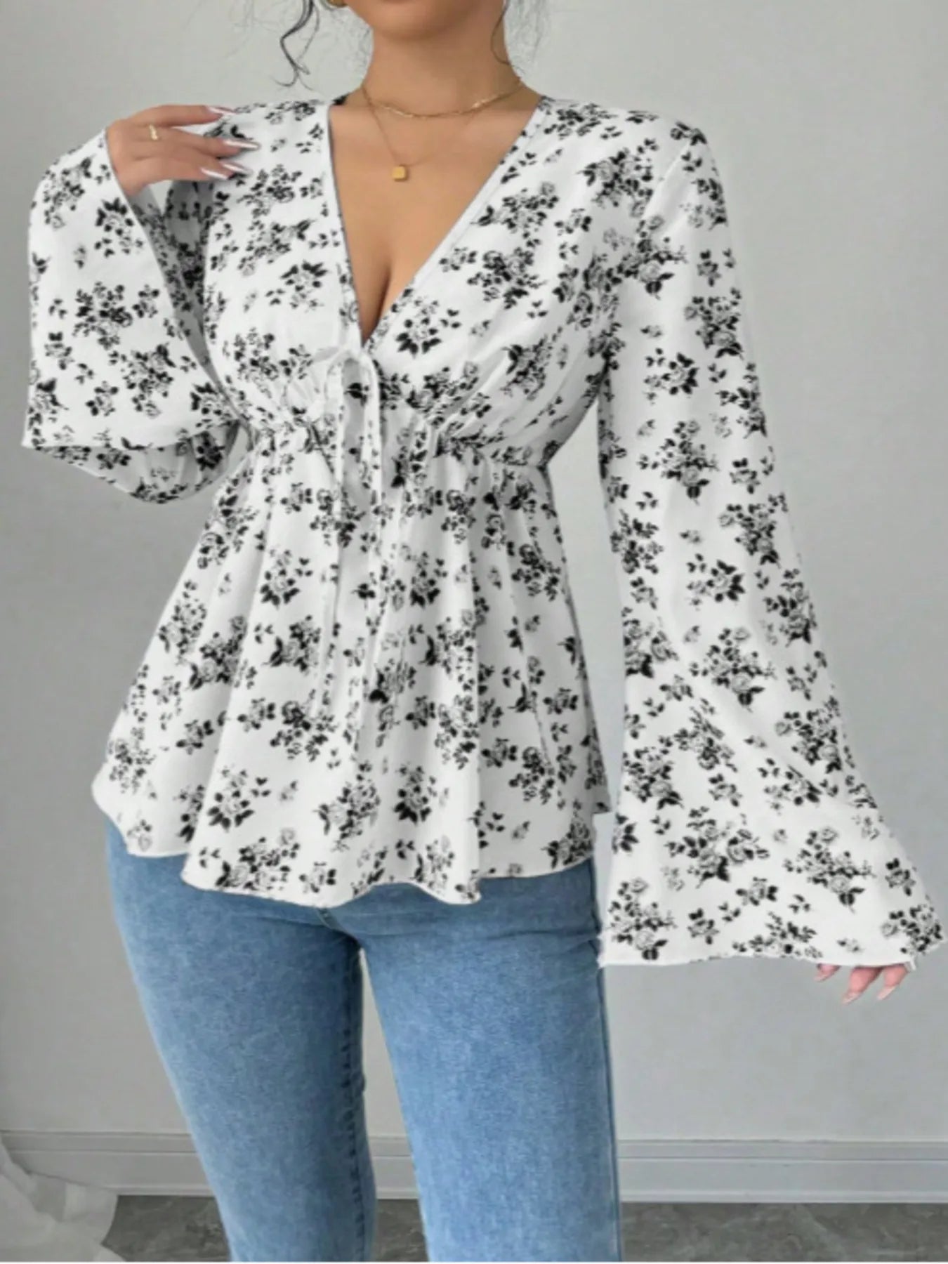 Floral Print V-Neck Long Sleeve Blouse - Be Bliss Boutique