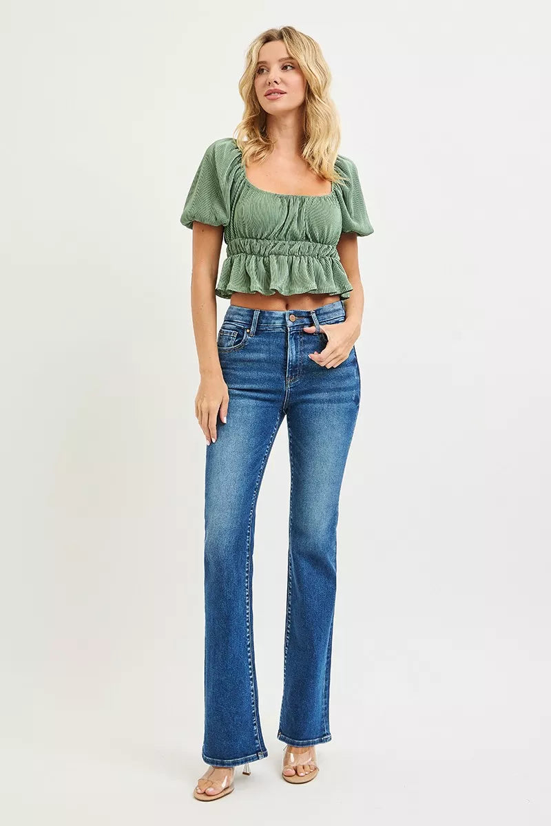 RISEN Jeans - High Rise Bootcut Jeans With Distressed Details - Be Bliss Boutique
