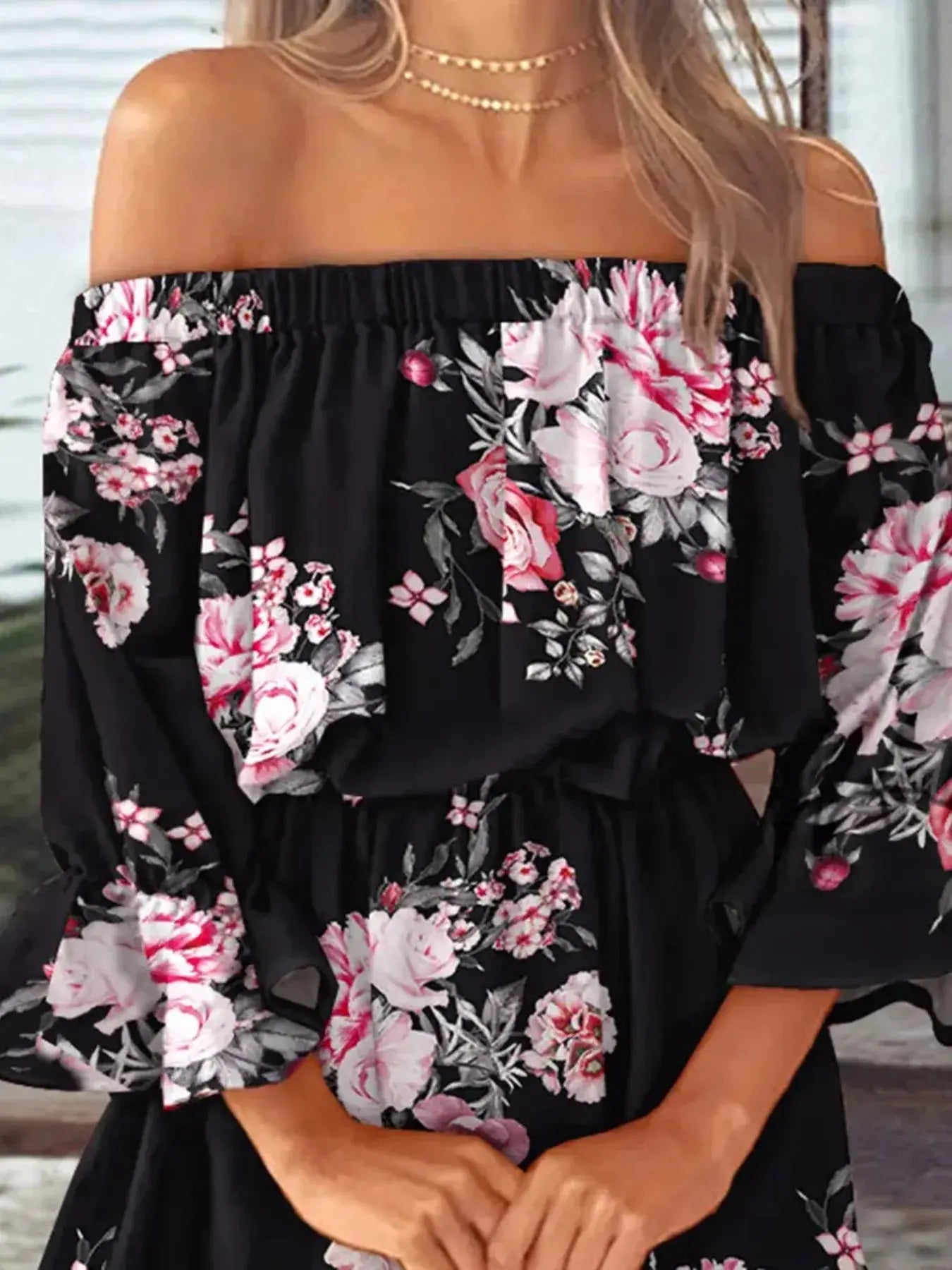 Full Size Floral Off Shoulder Mini Dress with Flounce Sleeves - Be Bliss Boutique