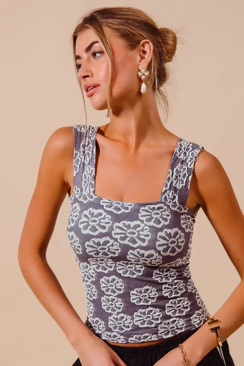 SO ME Charcoal Blue Two Tone Floral Seamless Tank Top - Be Bliss Boutique