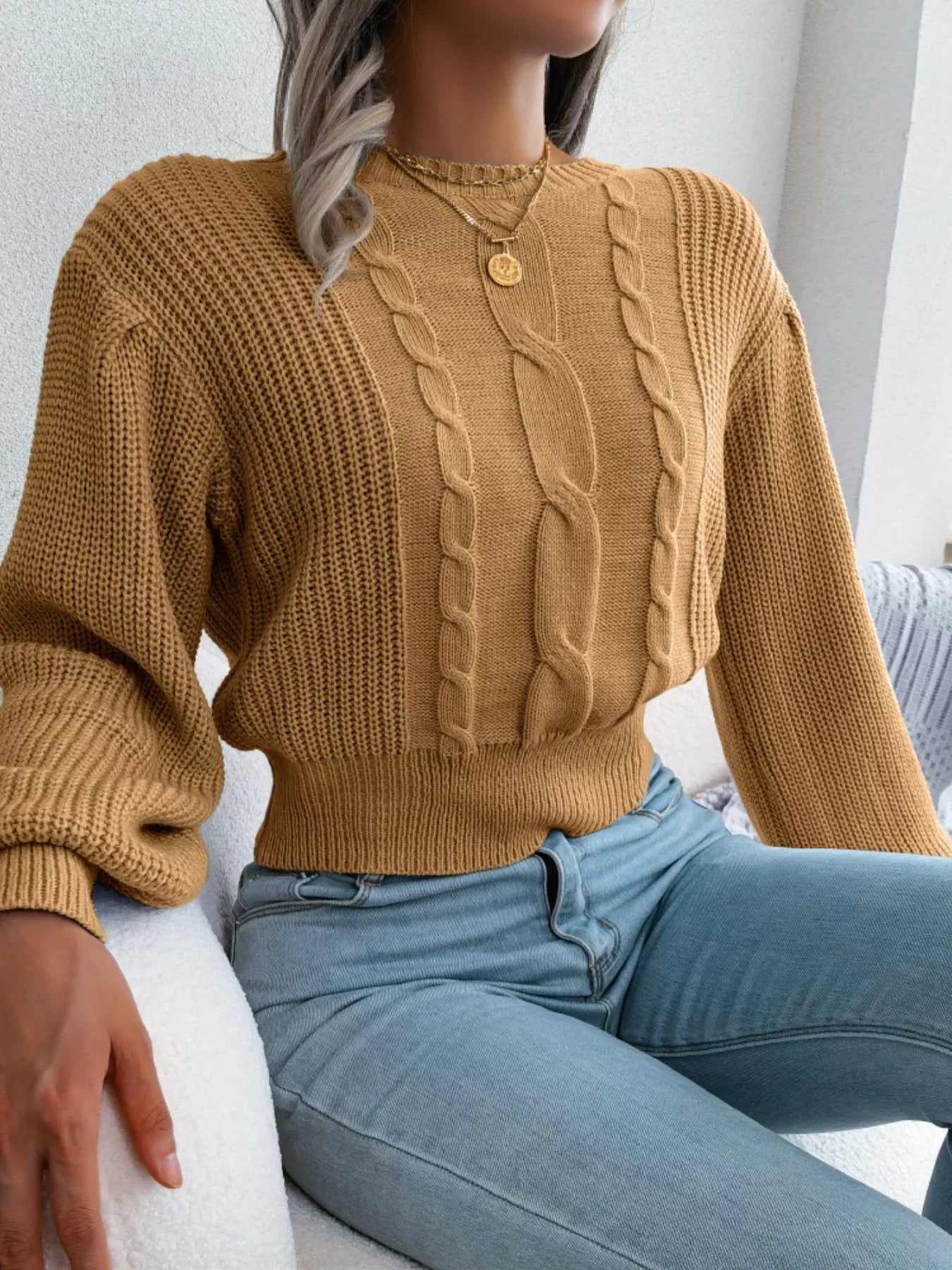 Cable Knit Round Neck Cropped Sweater - Be Bliss Boutique