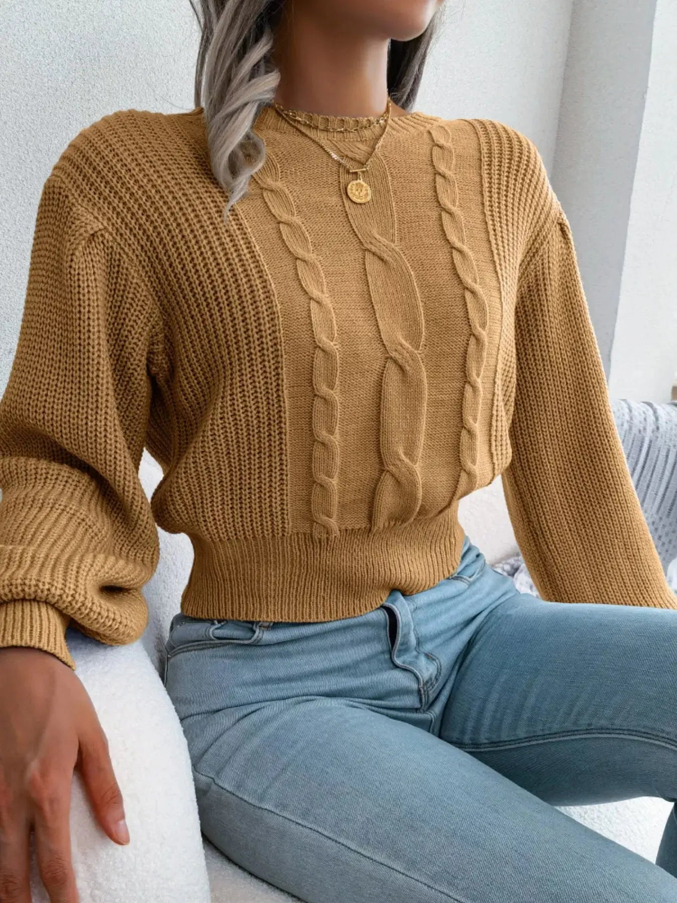 Cable Knit Crew Neck Cropped Sweater - Be Bliss Boutique