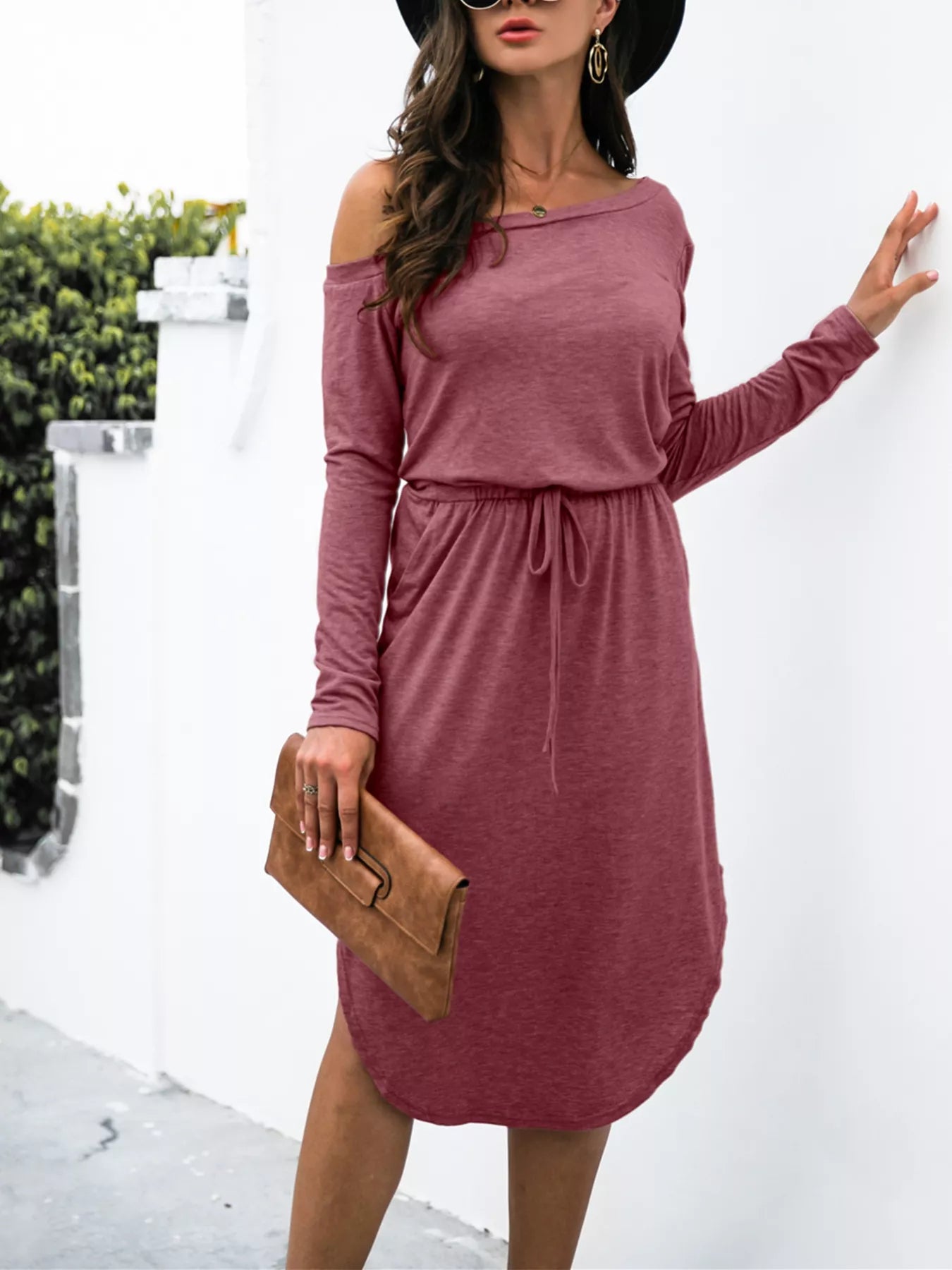 One-Shoulder Long Sleeve Midi Dress with Drawstring Waist - Be Bliss Boutique