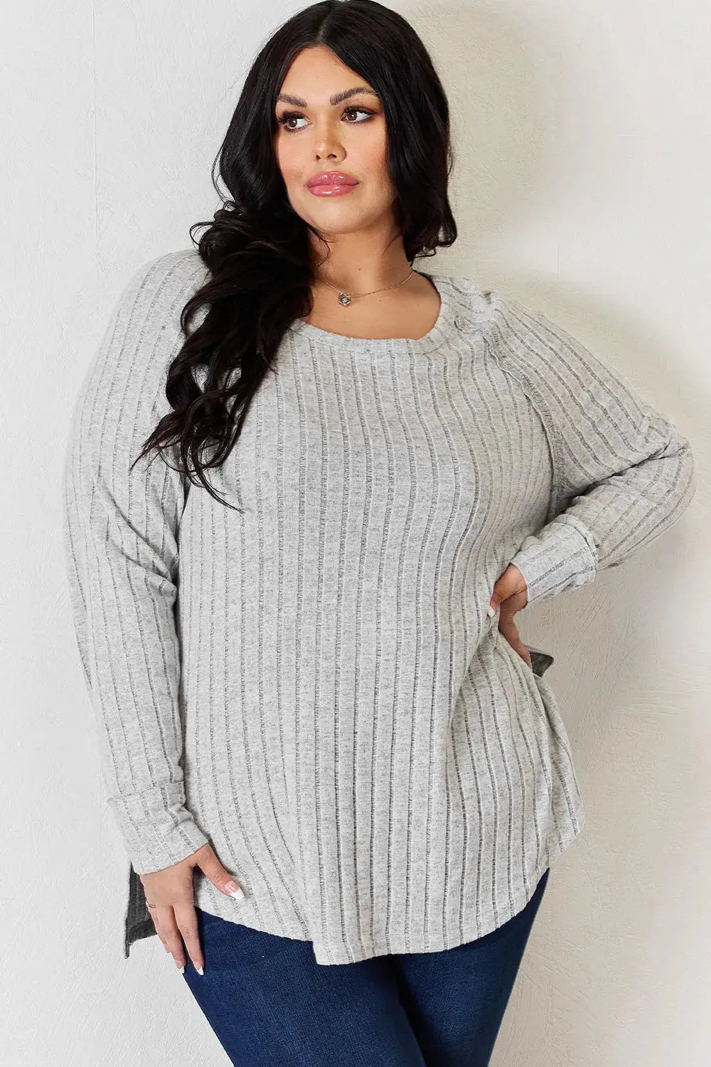 Basic Bae Ribbed Round Neck Slit Womens Long Sleeve T Shirt – Full & Plus Size - Be Bliss Boutique