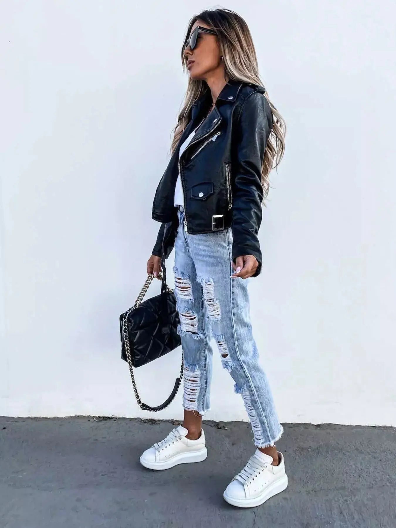 Plus Size Zip Up Motorcycle Biker Faux Leather Jacket - Be Bliss Boutique