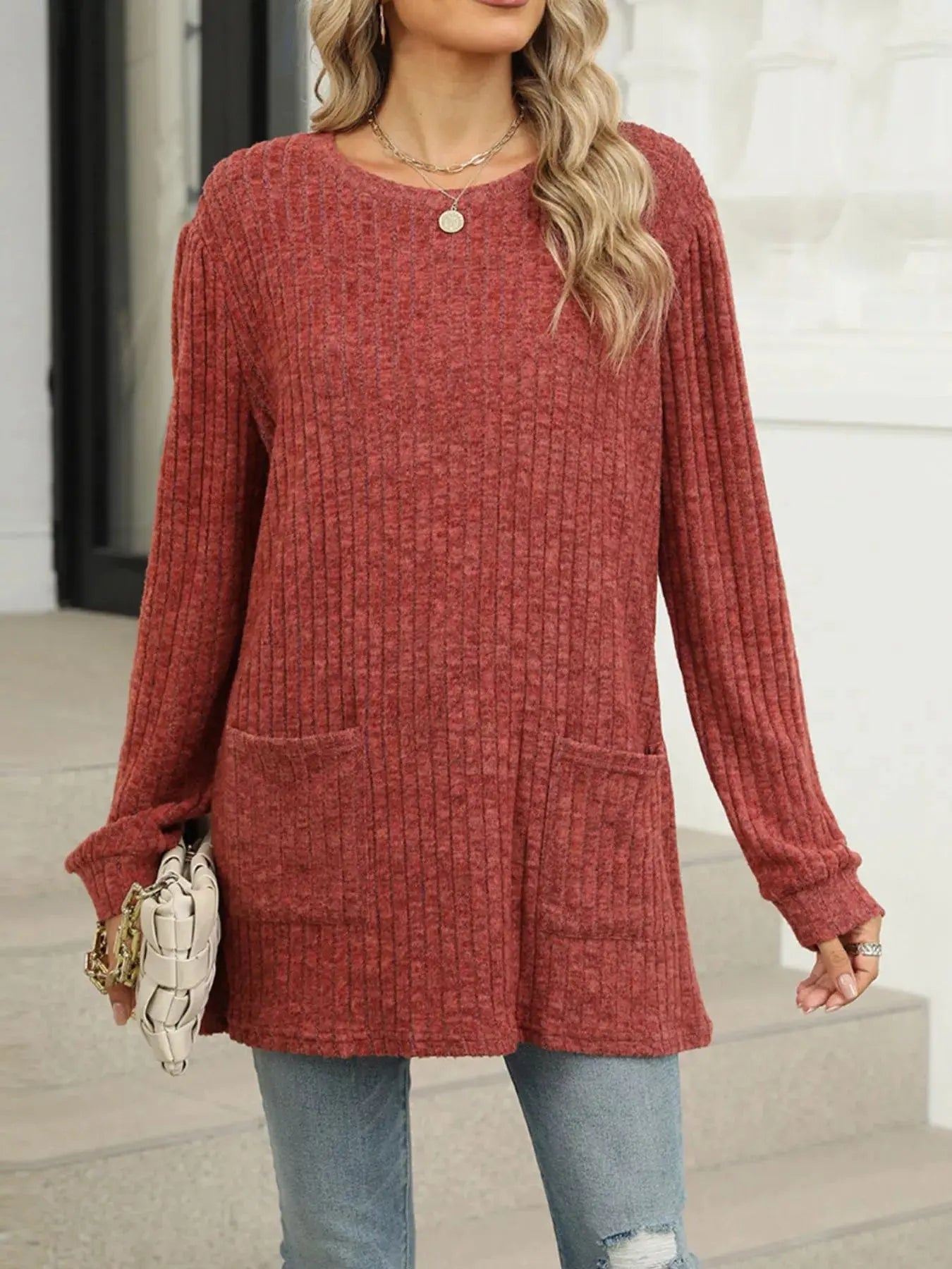 Cozy Ribbed Knit Long Sleeve Tunic Top with Pockets - Be Bliss Boutique
