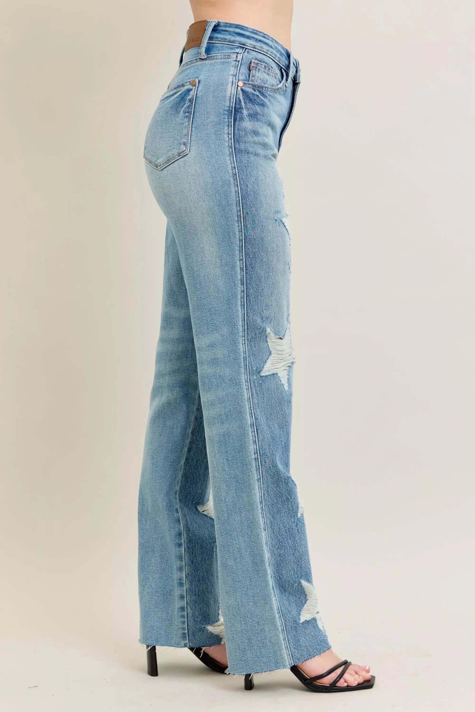 Judy Blue Full Size High Waist Rigid 90's Straight Jeans with Magic Star Shaped Destroy - Be Bliss Boutique