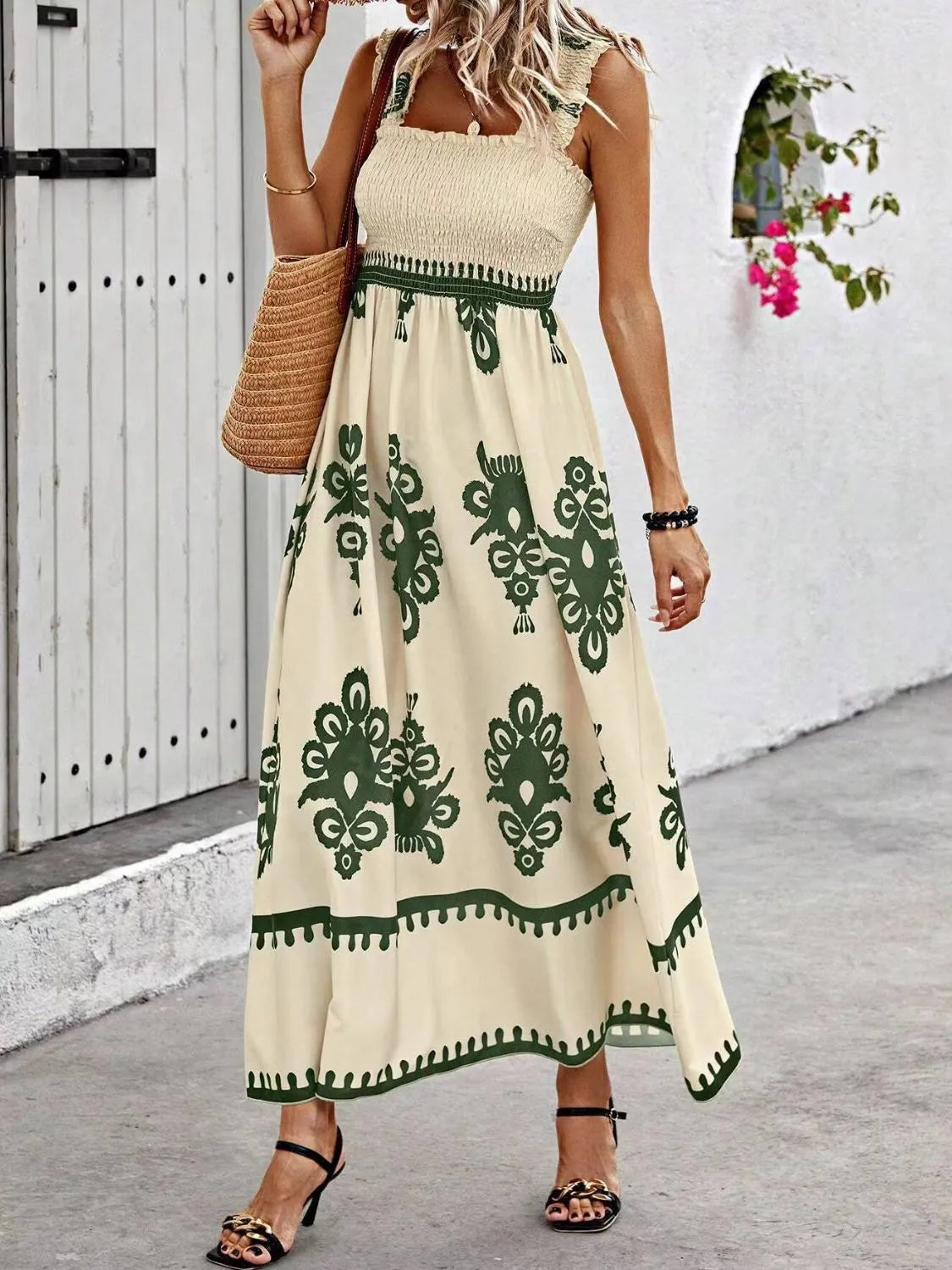 Smocked Printed Wide Strap Maxi Dress - Be Bliss Boutique