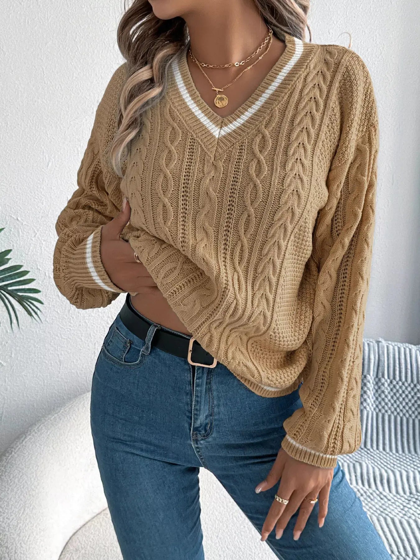 V-Neck Cable Knit Long Sleeve Sweater - Be Bliss Boutique