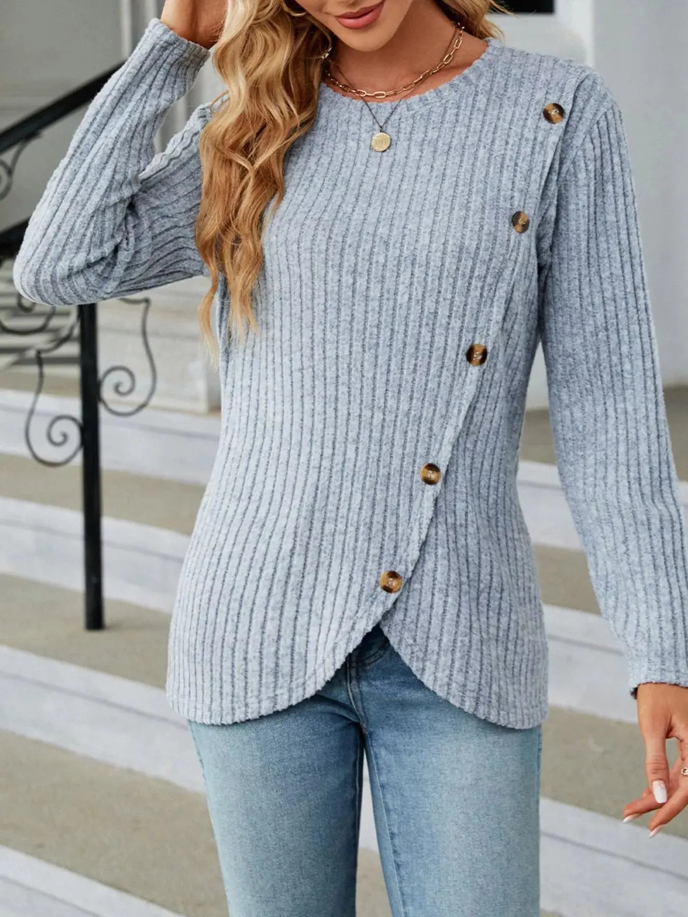 Decorative Button Ribbed Knit T Shirt - Be Bliss Boutique