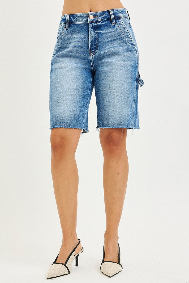 RISEN High Waisted Bermuda Jean Shorts with Side Tab Detail - Be Bliss Boutique