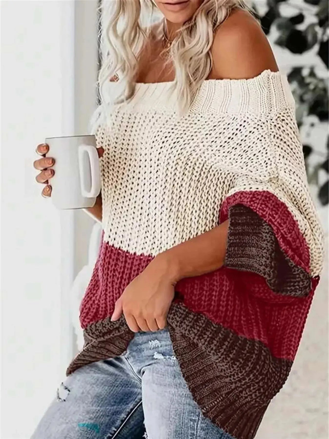 Color Block Off Shoulder Sweater - Be Bliss Boutique