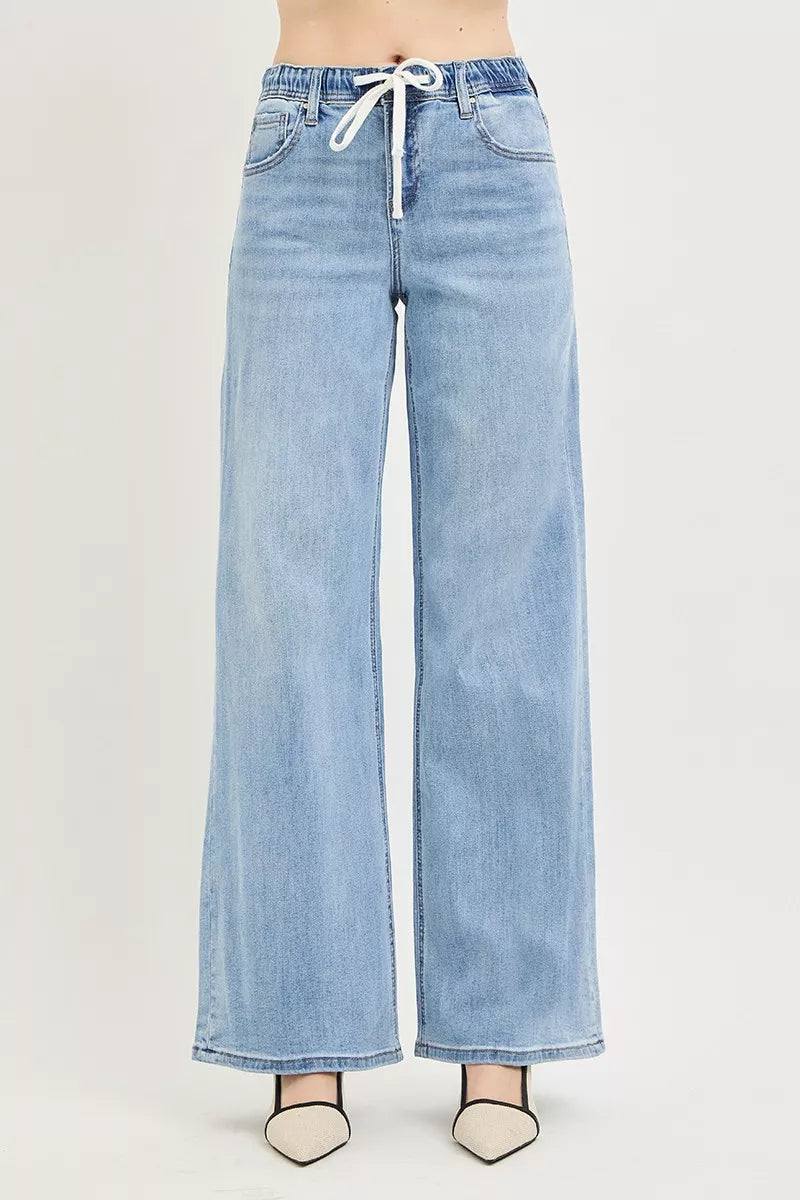 RISEN Elastic Band Slouchy Wide Leg Jeans with Drawstring - Be Bliss Boutique