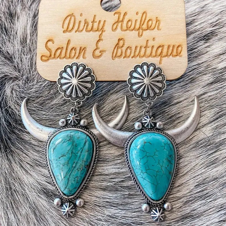 Western Cow Head Turquoise Statement Earrings - Be Bliss Boutique
