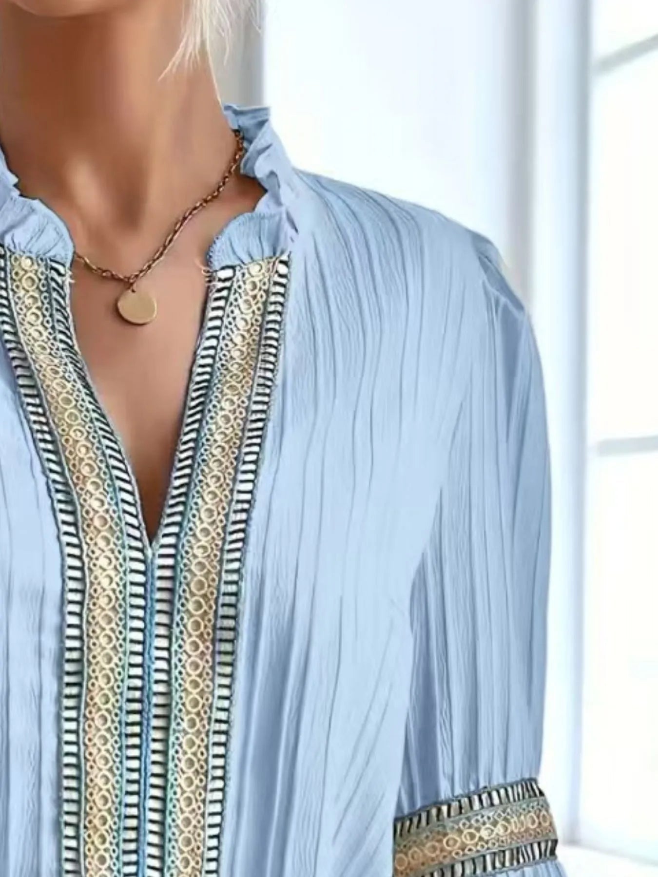 Textured Notched Balloon Sleeve Elegant Blouse - Be Bliss Boutique