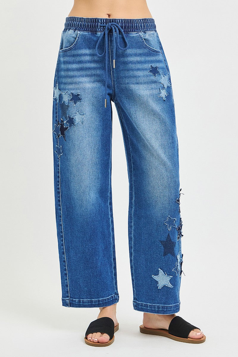 RISEN Elastic Band Slouchy Cropped Barrel Jeans with Star Patch - Be Bliss Boutique