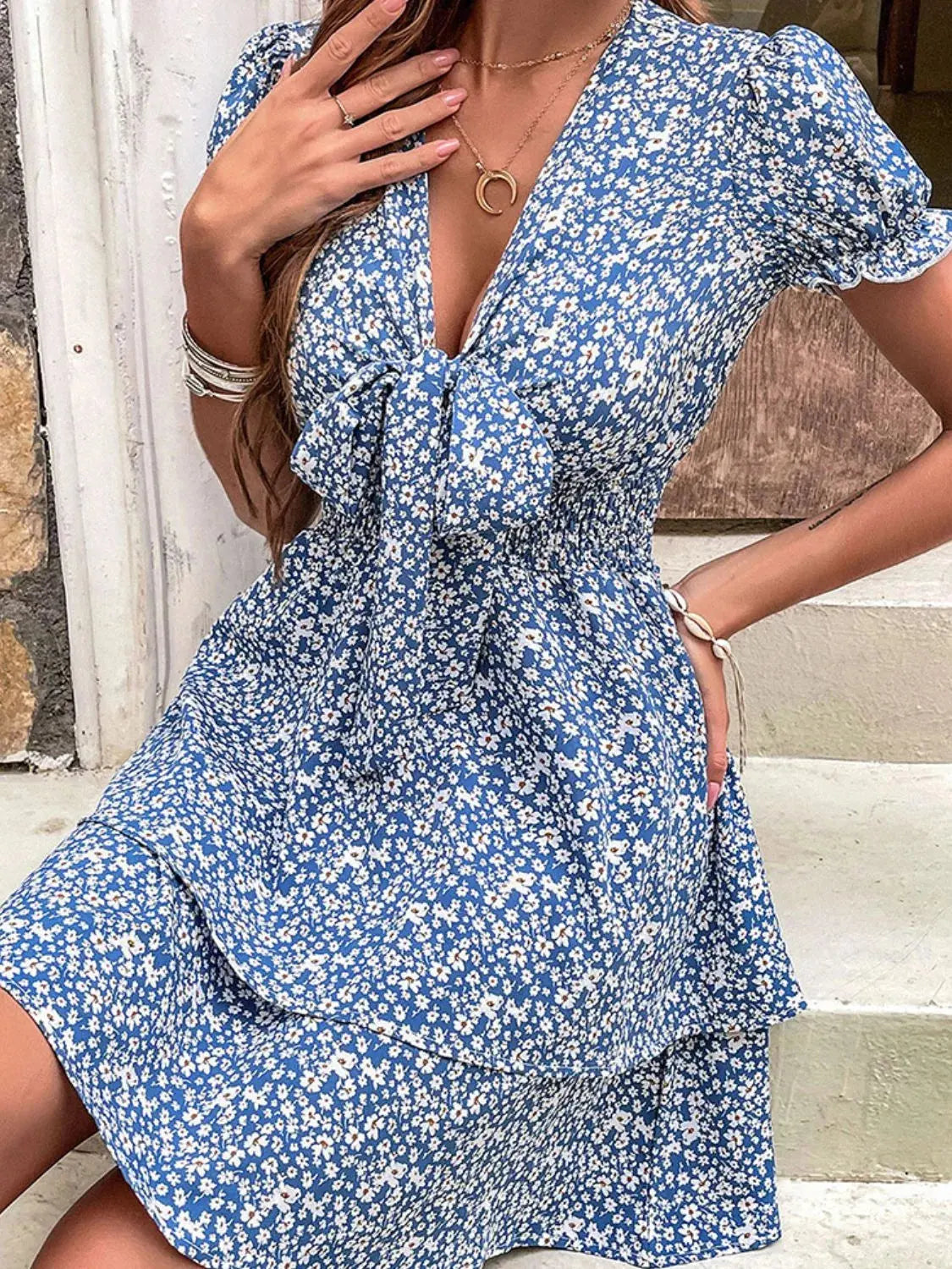 Blue Ditsy Floral Tie Front Mini Dress with Ruffled Flutter Sleeves - Be Bliss Boutique
