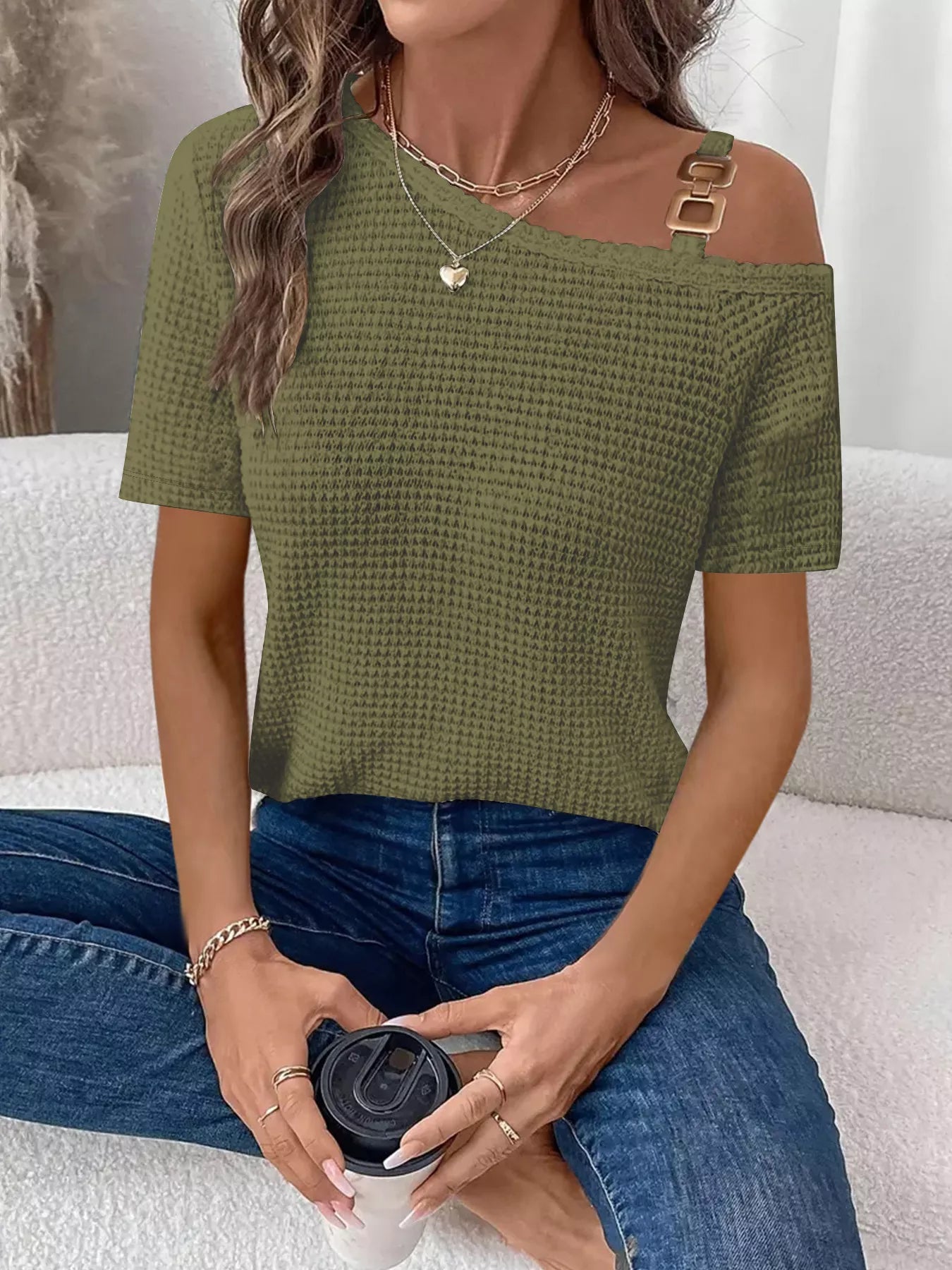 Chain Detail Waffle Knit One Shoulder T Shirt - Be Bliss Boutique